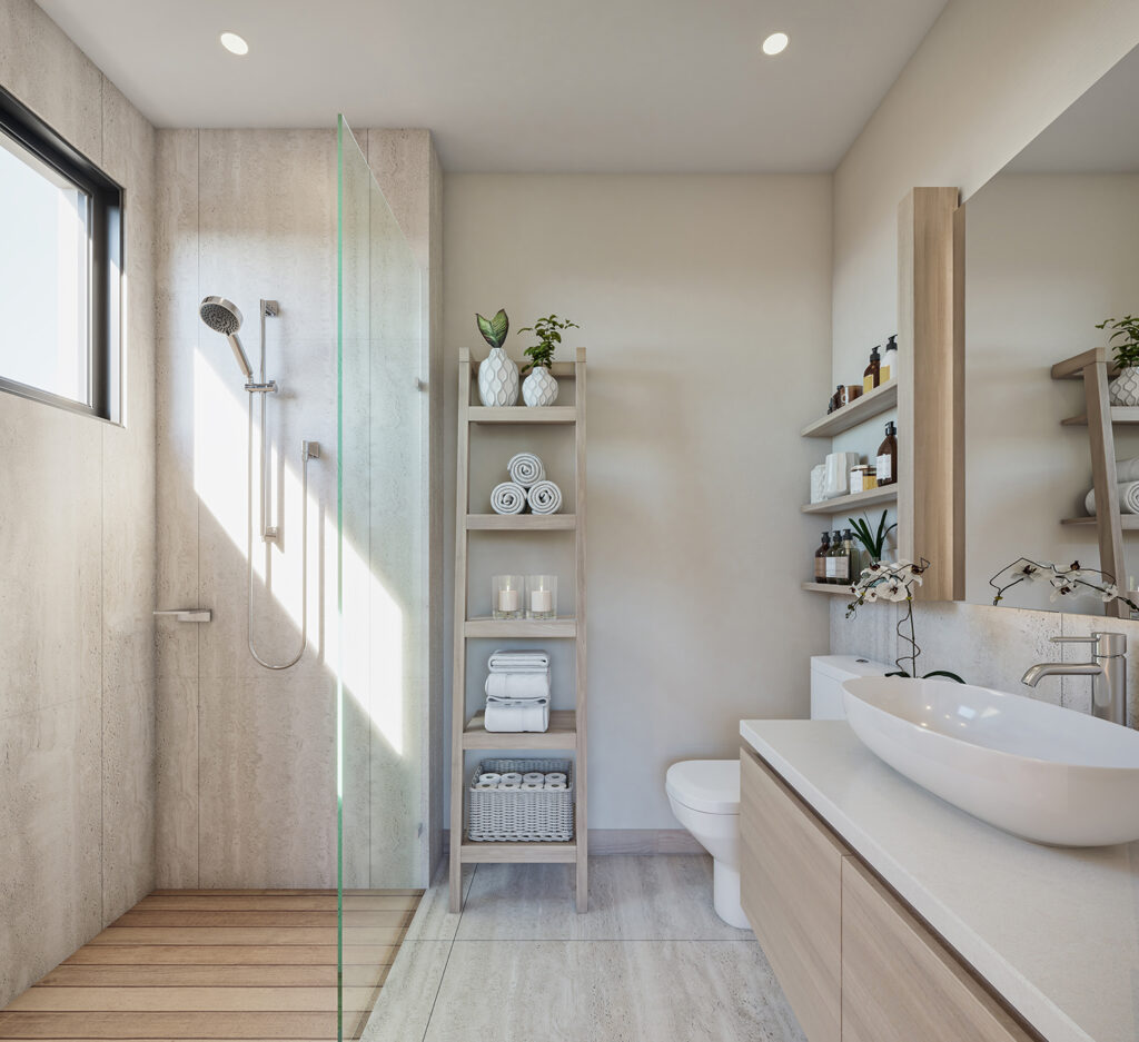 Elegant bathroom in a Punta Cana condominium showcasing contemporary design with a spacious shower, stylish shelving, and sophisticated fixtures.