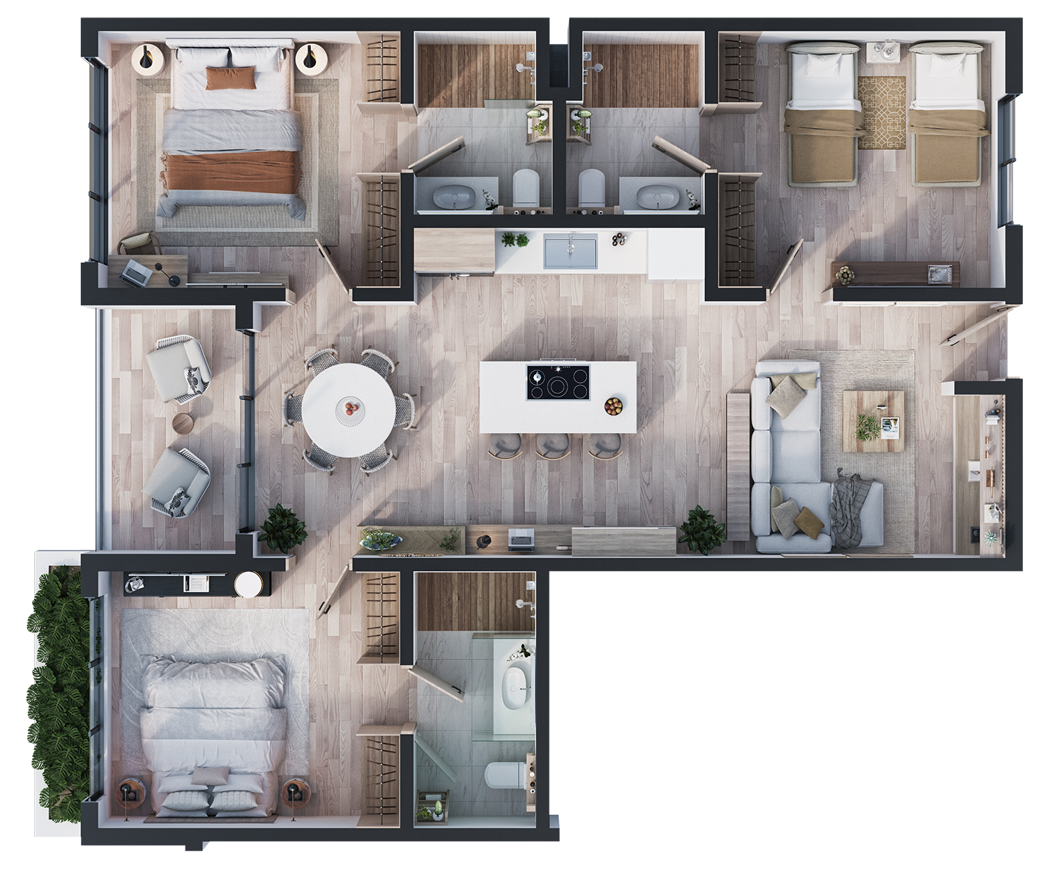 Expansive 3-bedroom apartment layout in Punta Cana with 118 square meters, featuring 3 bathrooms, stylish living areas, and modern kitchen. Perfect for families or as a luxurious retreat.