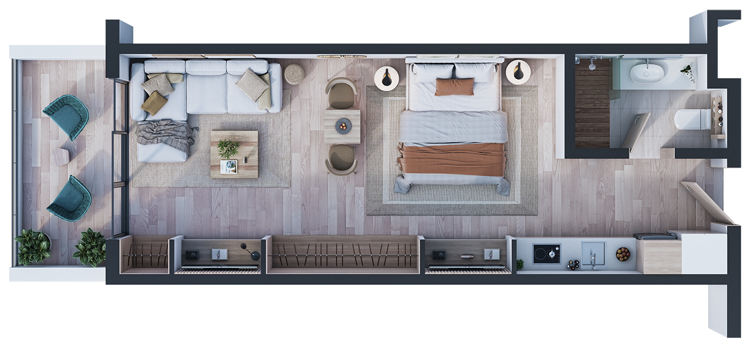 Studio A layout in Punta Cana featuring a modern design with 1 bathroom and a total area of 50 square meters. Ideal for singles or couples looking for a stylish, compact living space.